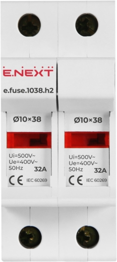 Держатель предохранителя E.Next e.fuse.1038.h2 на DIN-рейку 10х38 2р 32А (i0300002) - 2