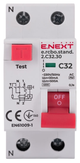 Вимикач диференційного струму E.Next e.rcbo.stand.2.C32.30 1P+N 32А С 30мА (s034106) - 2