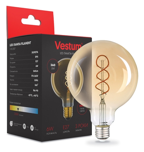 Філаментна лампа Vestum 1-VS-2507 «вінтаж» Golden Twist G95 6Вт 2500K E27 - 2