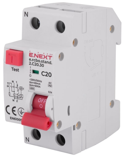Вимикач диференційного струму E.Next e.rcbo.stand.2.C20.30 1P+N 20А С 30мА (s034104) - 1