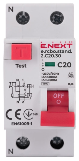 Вимикач диференційного струму E.Next e.rcbo.stand.2.C20.30 1P+N 20А С 30мА (s034104) - 2