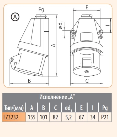 Настінний силовий роз'єм ETI 004482037 EZ-3232 IP44 (32A 230V 2P+PE) - 2
