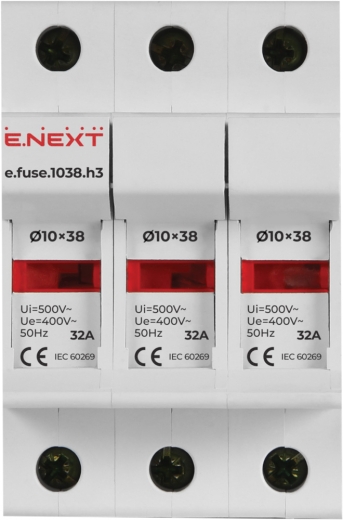 Держатель предохранителя E.Next e.fuse.1038.h3 на DIN-рейку 10х38 3р 32А (i0300003) - 3