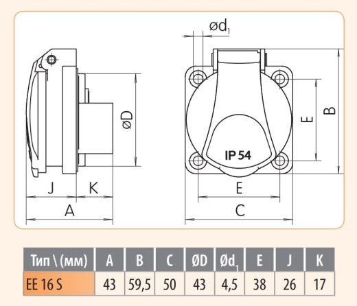 Вбудований силовий роз'єм ETI 004482124 EE-16S IP54 (16A 250V Schuko) - 2
