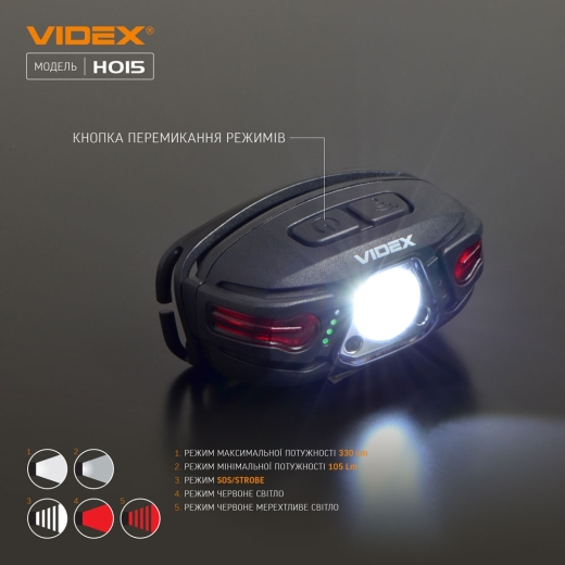 Світлодіодний налобний ліхтарик Videx 330Лм 5000K (VLF-H015) - 6