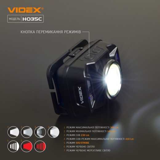 Світлодіодний налобний ліхтарик Videx 410Лм 5000K (VLF-H035C) - 7