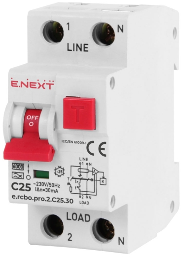Выключатель дифференциального тока E.Next e.rcbo.pro.2.C25.30 1P+N 25А С тип А 30мА (p0720010) - 1