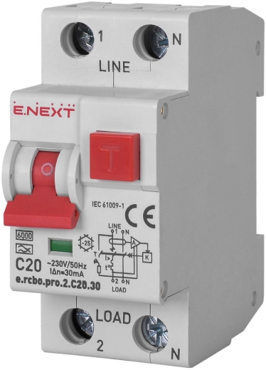 Вимикач диференційного струму E.Next e.rcbo.pro.2.C20.30 1P+N 20А С тип А 30мА (p0720027) - 1