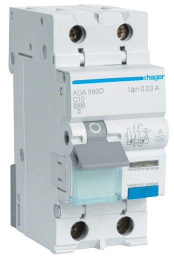 Диф автомат Hager ADA960D C 10A 1P+N 6кА 30мА A - 1